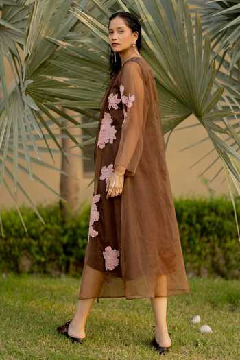 Chambray & Co._Brown , , Linen, Open Tes Patchwork Jacket And Dress Set _at_Aza_Fashions