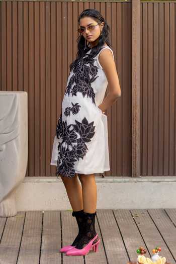 Chambray & Co._White Cotton, Silk Organza Round Neck Yalina Patchwork Embroidered Dress Set _Online_at_Aza_Fashions