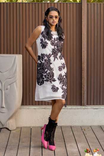 Shop_Chambray & Co._White Cotton, Silk Organza Round Neck Yalina Patchwork Embroidered Dress Set _Online_at_Aza_Fashions