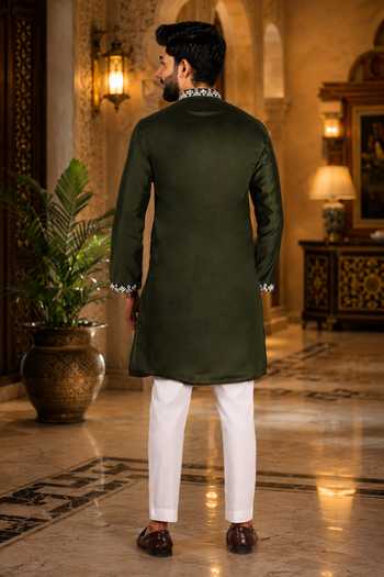 Shop_Jhambthreads_Green Cotton, Silk Embroidered Work Kurta And Pant Set _at_Aza_Fashions