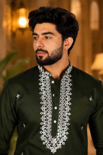 Jhambthreads_Green Cotton, Silk Embroidered Work Kurta And Pant Set _Online_at_Aza_Fashions