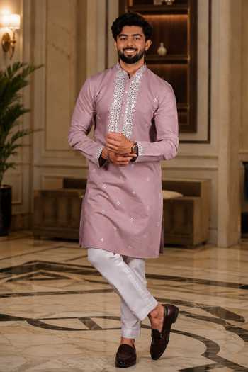 Jhambthreads_Pink Silk, Cotton Embroidered Kurta Set _Online_at_Aza_Fashions