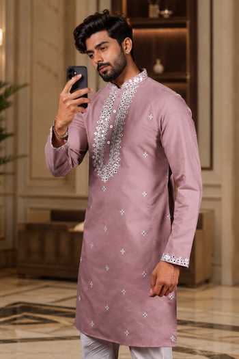 Buy_Jhambthreads_Pink Silk, Cotton Embroidered Kurta Set _Online_at_Aza_Fashions