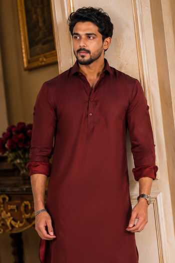 Jhambthreads_Maroon Cotton Satin Solid Kurta And Salwar Set _Online_at_Aza_Fashions