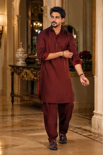 Buy_Jhambthreads_Maroon Cotton Satin Solid Kurta And Salwar Set _Online_at_Aza_Fashions