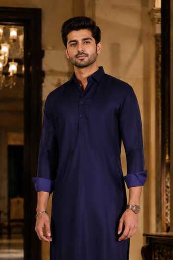 Buy_Jhambthreads_Blue Cotton Satin Solid Kurta And Salwar Set _Online_at_Aza_Fashions