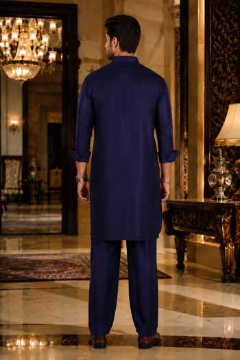 Shop_Jhambthreads_Blue Cotton Satin Solid Kurta And Salwar Set _at_Aza_Fashions