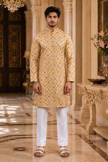 Shop_Jhambthreads_Yellow Silk Geometric Print Kurta And Pant Set _Online_at_Aza_Fashions