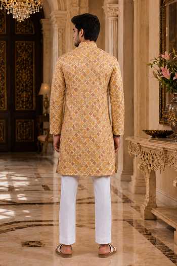 Shop_Jhambthreads_Yellow Silk Geometric Print Kurta And Pant Set _at_Aza_Fashions
