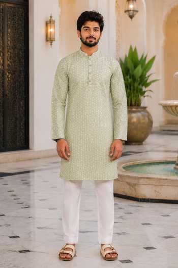 Buy_Jhambthreads_Green Silk Printed Pastel Kurta And Pant Set _at_Aza_Fashions