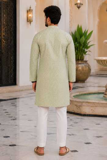 Shop_Jhambthreads_Green Silk Printed Pastel Kurta And Pant Set _at_Aza_Fashions