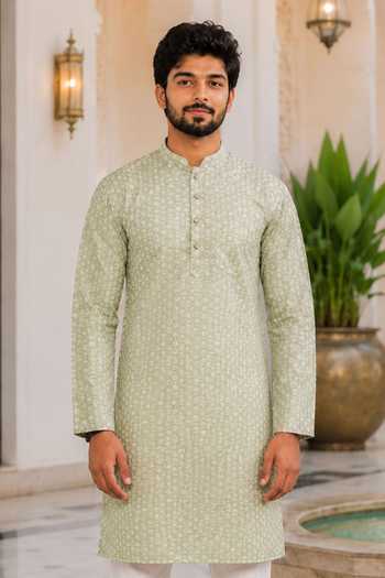 Buy_Jhambthreads_Green Silk Printed Pastel Kurta And Pant Set _Online_at_Aza_Fashions