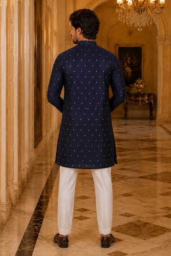 Shop_Jhambthreads_Blue Cotton, Silk Woven Butti Plain Kurta And Pant Set _at_Aza_Fashions