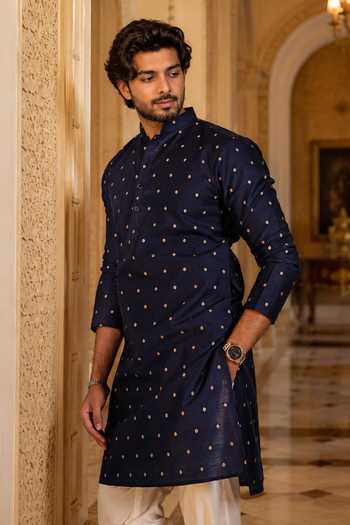 Buy_Jhambthreads_Blue Cotton, Silk Woven Butti Plain Kurta And Pant Set _Online_at_Aza_Fashions