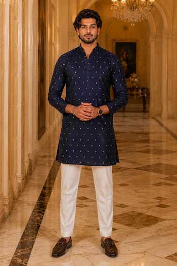 Buy_Jhambthreads_Blue Cotton, Silk Woven Butti Plain Kurta And Pant Set _at_Aza_Fashions