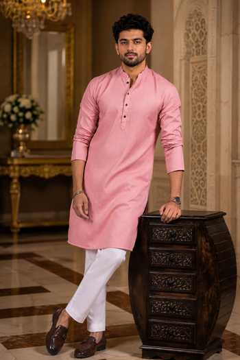Buy_Jhambthreads_Pink Cotton, Silk Embroidered Work Kurta And Pant Set _at_Aza_Fashions