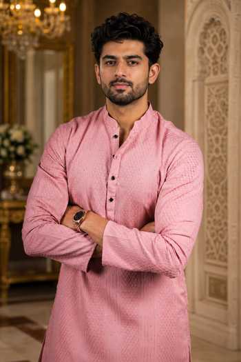 Shop_Jhambthreads_Pink Cotton, Silk Embroidered Work Kurta And Pant Set _at_Aza_Fashions