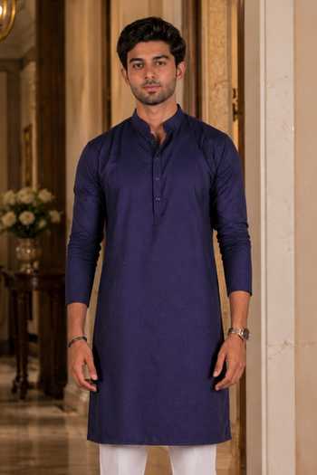 Buy_Jhambthreads_Navy Cotton, Silk Embroidery Work Mens Kurta And Pant Set _Online_at_Aza_Fashions