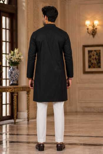 Shop_Jhambthreads_Black Cotton, Silk Woven Plain Kurta And Pant Set _at_Aza_Fashions