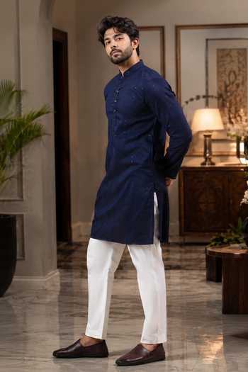 Shop_Jhambthreads_Blue Cotton, Silk Woven Dobby Plain Kurta And Pant Set _at_Aza_Fashions