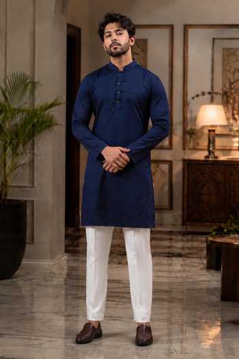 Buy_Jhambthreads_Blue Cotton, Silk Woven Dobby Plain Kurta And Pant Set _at_Aza_Fashions