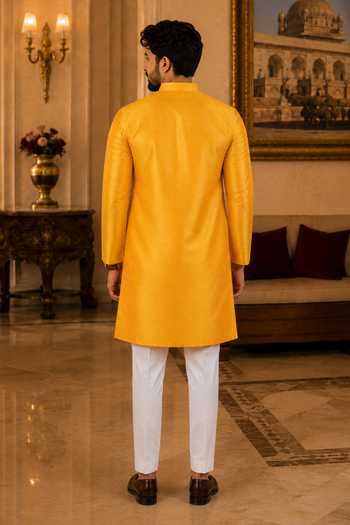 Shop_Jhambthreads_Yellow Silk Woven Kurta And Pant Set _at_Aza_Fashions