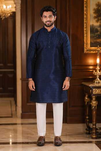 Buy_Jhambthreads_Blue Silk Woven Kurta And Pant Set _at_Aza_Fashions