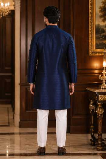 Shop_Jhambthreads_Blue Silk Woven Kurta And Pant Set _at_Aza_Fashions