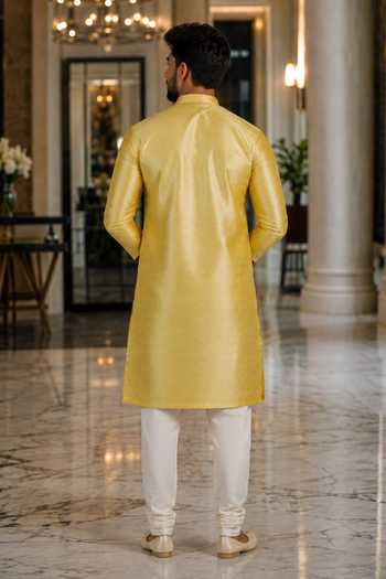 Shop_Jhambthreads_Yellow Silk Woven Art Kurta Set _at_Aza_Fashions