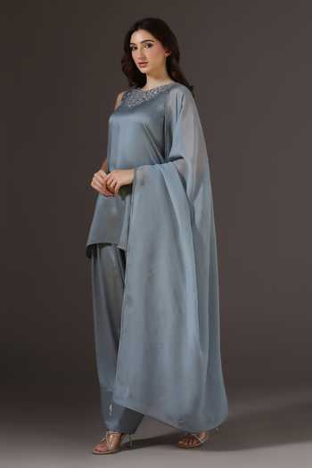 Buy_Pooja Peshoria_Blue Organza, Satin, Shantoon Round Neck Placement Embroidered Kurta Set _Online_at_Aza_Fashions