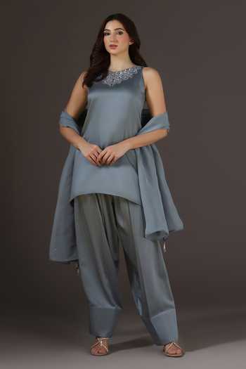 Buy_Pooja Peshoria_Blue Organza, Satin, Shantoon Round Neck Placement Embroidered Kurta Set _at_Aza_Fashions
