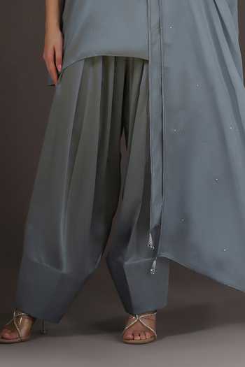 Shop_Pooja Peshoria_Blue Organza, Satin, Shantoon Round Neck Placement Embroidered Kurta Set _Online_at_Aza_Fashions