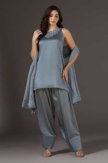 Pooja Peshoria_Blue Organza, Satin, Shantoon Round Neck Placement Embroidered Kurta Set _at_Aza_Fashions