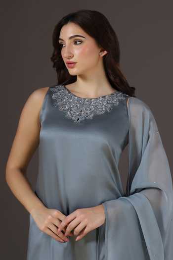 Shop_Pooja Peshoria_Blue Organza, Satin, Shantoon Round Neck Placement Embroidered Kurta Set 