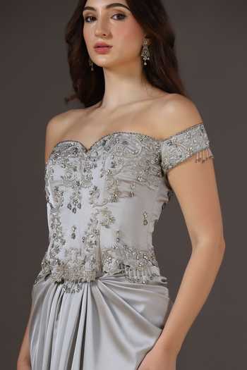 Pooja Peshoria_Silver Satin Beads, Crystals Sweetheart Neck Hand Embroidered Corset And Skirt Set _Online_at_Aza_Fashions