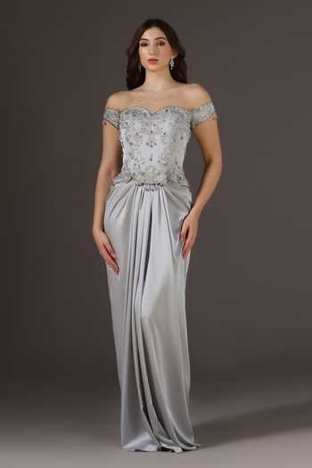 Buy_Pooja Peshoria_Silver Satin Beads, Crystals Sweetheart Neck Hand Embroidered Corset And Skirt Set _at_Aza_Fashions