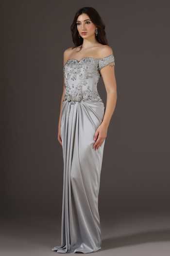 Buy_Pooja Peshoria_Silver Satin Beads, Crystals Sweetheart Neck Hand Embroidered Corset And Skirt Set _Online_at_Aza_Fashions