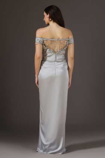 Shop_Pooja Peshoria_Silver Satin Beads, Crystals Sweetheart Neck Hand Embroidered Corset And Skirt Set _at_Aza_Fashions