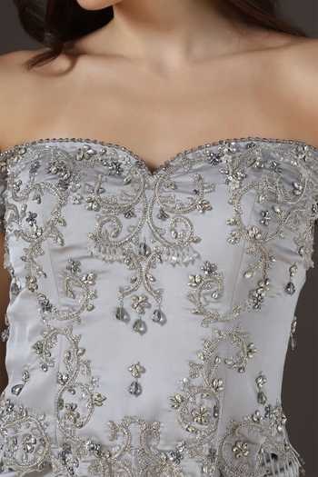Pooja Peshoria_Silver Satin Beads, Crystals Sweetheart Neck Hand Embroidered Corset And Skirt Set _at_Aza_Fashions