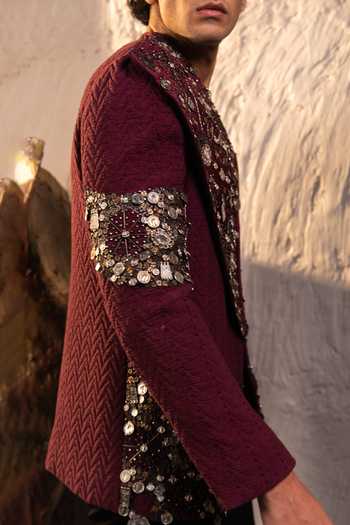Buy_Jatin Malik_Maroon Jacquard Orbis Embroidered Jacket Set _Online_at_Aza_Fashions