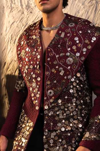 Shop_Jatin Malik_Maroon Jacquard Orbis Embroidered Jacket Set _at_Aza_Fashions