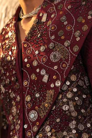 Shop_Jatin Malik_Maroon Jacquard Orbis Embroidered Jacket Set _Online_at_Aza_Fashions