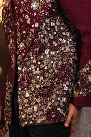 Jatin Malik_Maroon Jacquard Orbis Embroidered Jacket Set _at_Aza_Fashions