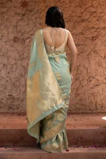 Shop_Zal From Benaras_Green Silk, Tissue Handloom Saree With Unstitched Blouse Fabric _at_Aza_Fashions
