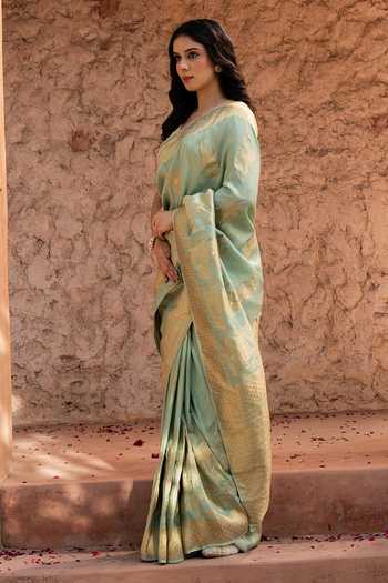 Zal From Benaras_Green Silk, Tissue Handloom Saree With Unstitched Blouse Fabric _Online_at_Aza_Fashions