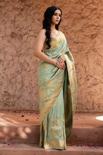 Buy_Zal From Benaras_Green Silk, Tissue Handloom Saree With Unstitched Blouse Fabric _Online_at_Aza_Fashions