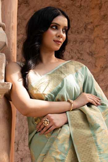 Shop_Zal From Benaras_Green Silk, Tissue Handloom Saree With Unstitched Blouse Fabric _Online_at_Aza_Fashions