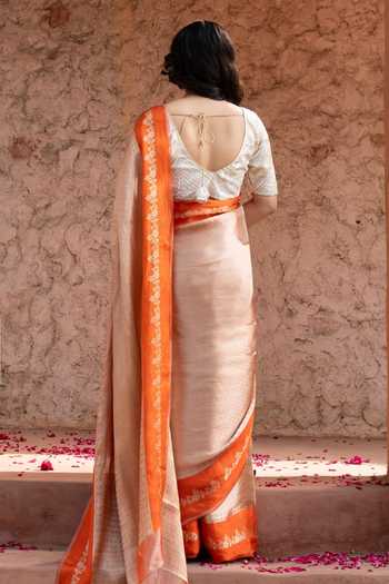 Shop_Zal From Benaras_Orange Silk, Tissue Banarasi Handloom Saree With Unstitched Blouse Fabric _at_Aza_Fashions