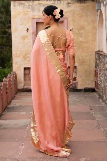 Shop_Zal From Benaras_Peach Silk, Tissue Gota Border Saree With Unstitched Blouse Fabric _at_Aza_Fashions