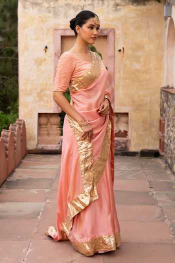 Zal From Benaras_Peach Silk, Tissue Gota Border Saree With Unstitched Blouse Fabric _Online_at_Aza_Fashions